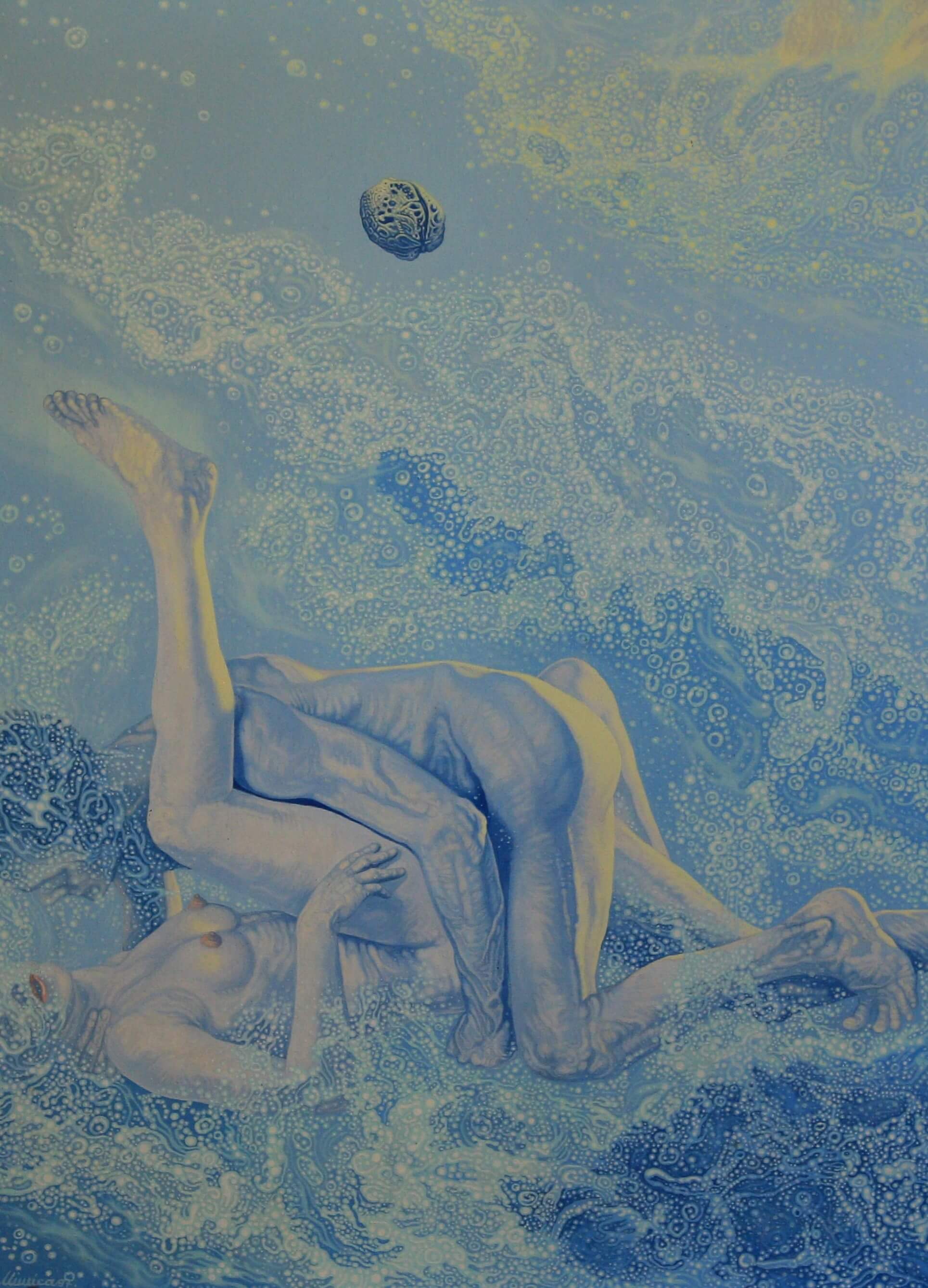 Oil on canvas painting by the artist Mimica Kulenovic, portraying an underwater intercourse.