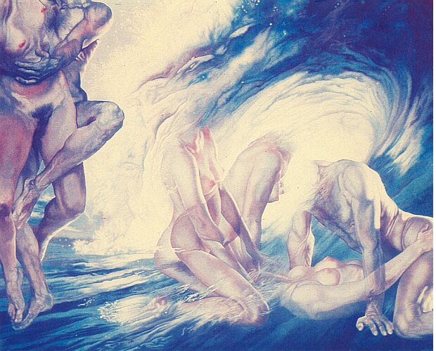 Oil on canvas painting by the artist Mimica Kulenovic, portraying an underwater orgy.