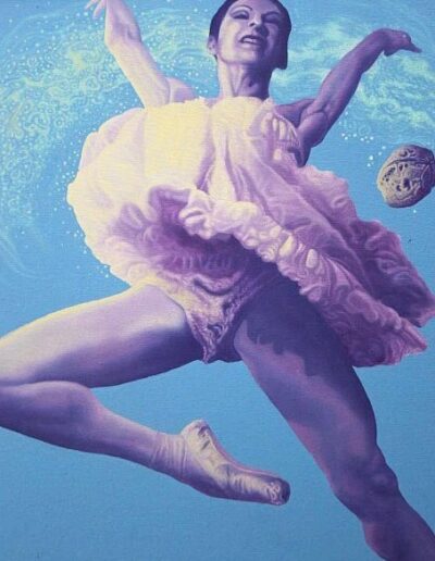 Oil on canvas painting by the artist Mimica Kulenovic, portraying a ballerina performing a ballet leap.
