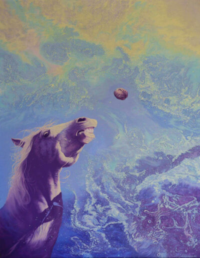 Oil on canvas painting by the artist Mimica Kulenovic, portraying a purple horse screaming.
