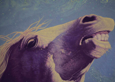 Detail from oil on canvas painting by the artist Mimica Kulenovic, portraying a purple horse screaming.