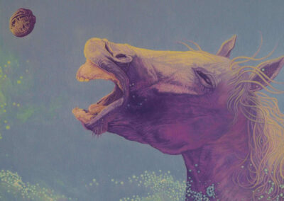 Detail from oil on canvas painting by the artist Mimica Kulenovic, portraying a purple horse screaming.