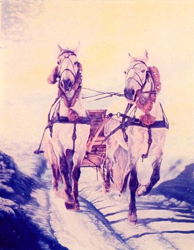 Oil on canvas painting by the artist Mimica Kulenovic, portraying two horses drawing a carriage