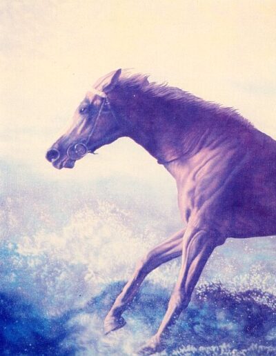 Oil on canvas painting by the artist Mimica Kulenovic, portraying a horse running.
