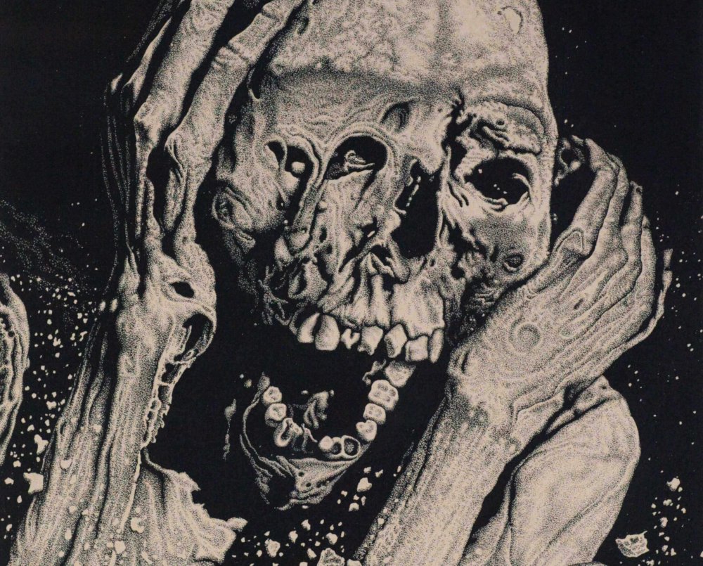 Drawing with ink by the artist Mimica Kulenovic, portraying a screaming skeleton as an allegory of the Bosnian War.
