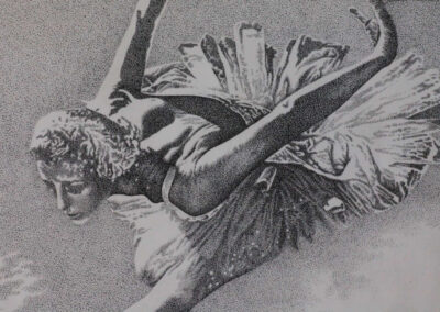 Detail from drawing with ink by the artist Mimica Kulenovic, portraying a ballerina performing a ballet leap.