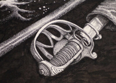 Detail from drawing with ink by the artist Mimica Kulenovic, portraying a series of war references with a walnut.