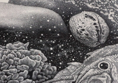 Detail from drawing with ink by the artist Mimica Kulenovic, portraying a female nude in a marine environment.