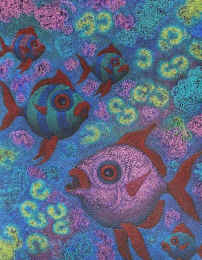 Acrylic on canvas painting by the artist Mimica Kulenovic, portraying fish in a fantasy underwater setting.
