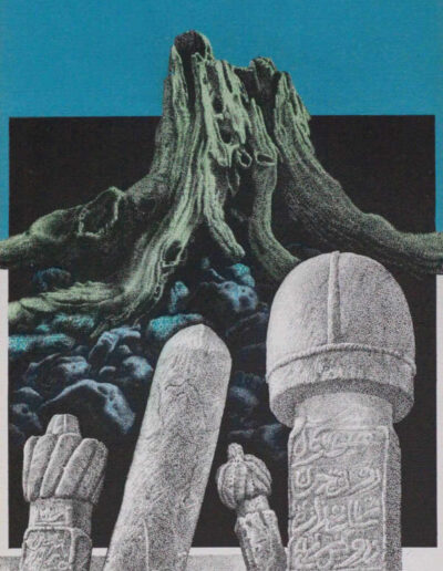 Drawing by the artist Mimica Kulenovic, portraying gravestones and tree roots on stones.