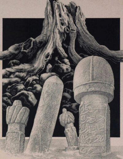 Drawing with ink by the artist Mimica Kulenovic, portraying gravestones and tree roots on stones.