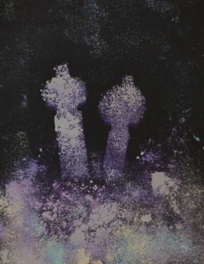 Oil on cardboard painting by the artist Mimica Kulenovic, portraying silhouettes of gravestones.