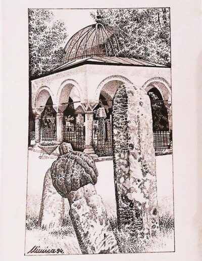 Drawing wiith ink by the artist Mimica Kulenovic portraying a graveyard.