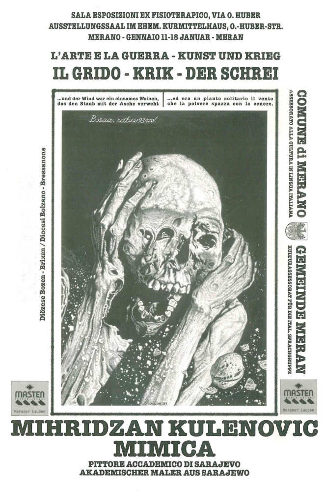 Leaflet from exhibition in Italy in 1996, portraying a screaming skeleton as an allegory of the Bosnian War.