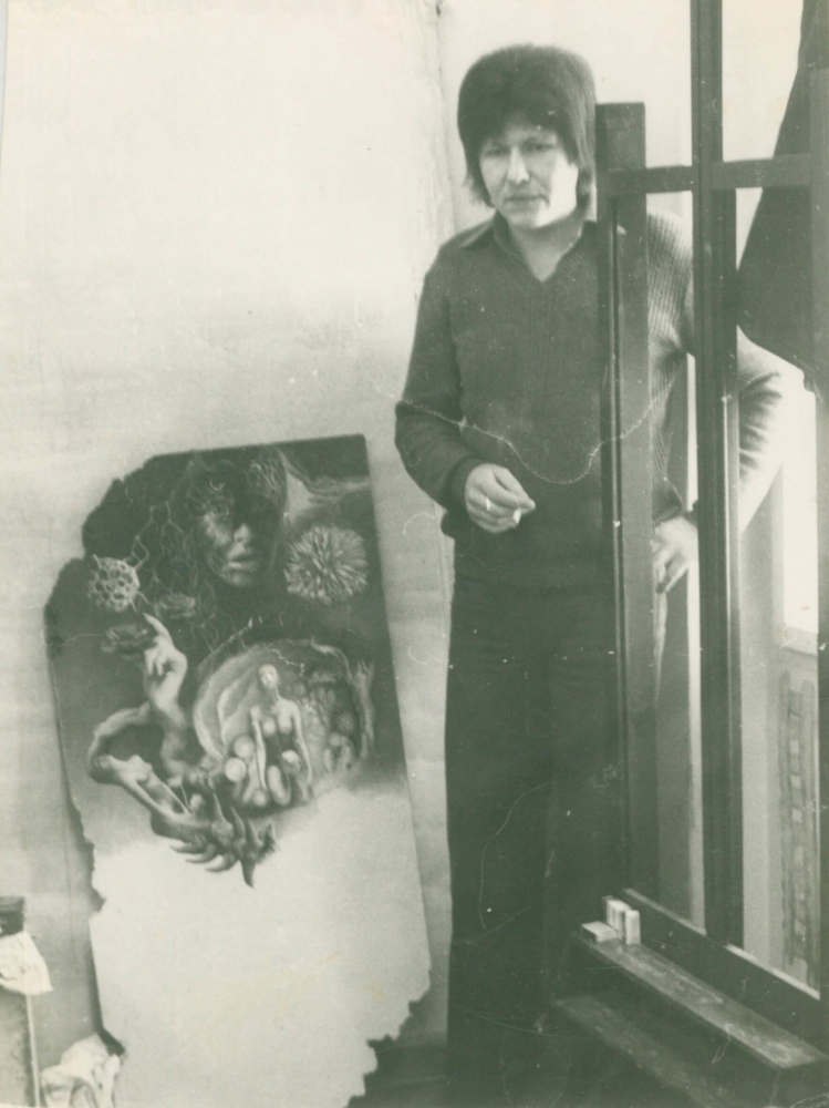 Painter Mihridžan Kulenovic Mimica, posing next to a painting in the 1970s.