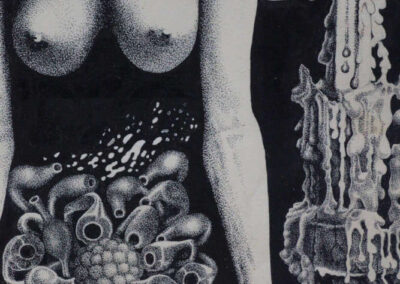 Detail from drawing with ink by the artist Mimica Kulenovic, portraying a female nude and a close-up portrait.