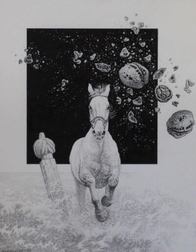 Drawing with ink by the artist Mimica Kulenovic, portraying a horse running next to a gravestone.