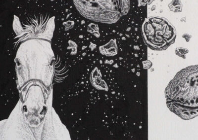Detail from drawing with ink by the artist Mimica Kulenovic, portraying a horse running next to a gravestone.