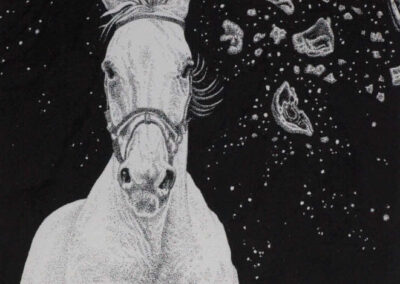 Detail from drawing with ink by the artist Mimica Kulenovic, portraying a horse running next to a gravestone.