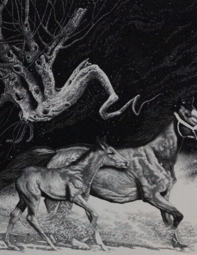 Drawing with ink by the artist Mimica Kulenovic, portraying two running horses and a floating tree root.