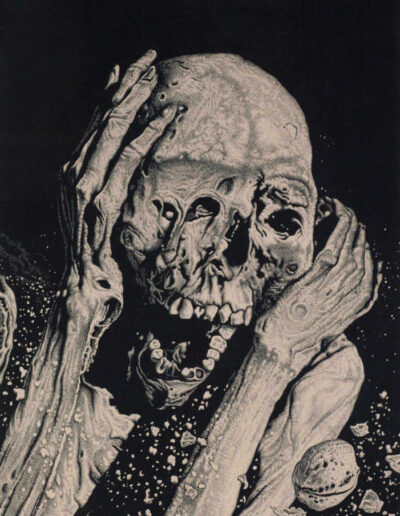 Drawing with ink by the artist Mimica Kulenovic, portraying a screaming skeleton as an allegory of the Bosnian war.