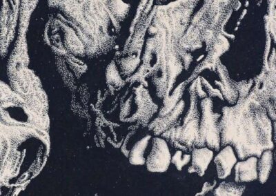 Detail from drawing with ink by the artist Mimica Kulenovic, portraying a screaming skeleton as an allegory of the Bosnian war.