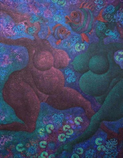 Acrylic on cardboard painting by the artist Mimica Kulenovic, portraying the Graces in a fantasy underwater setting.