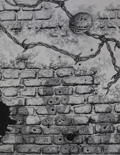 Drawing with ink by the artist Mimica Kulenovic, portraying a wall and barbed wire during the Bosnian war.